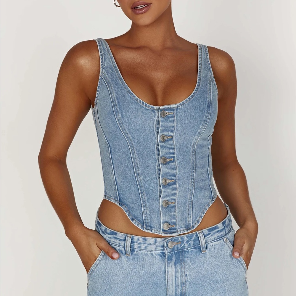 Meshki Corset Denim Top - Mid Blue